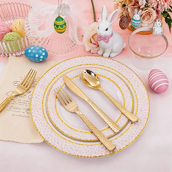 Ciaell 150PCS Pink Plastic Plates – Disposable Pink and Gold Plates Set include 50Plates, 25Forks, 25Knives, 25Spoons, 25Cups for Wedding & Party & Easter