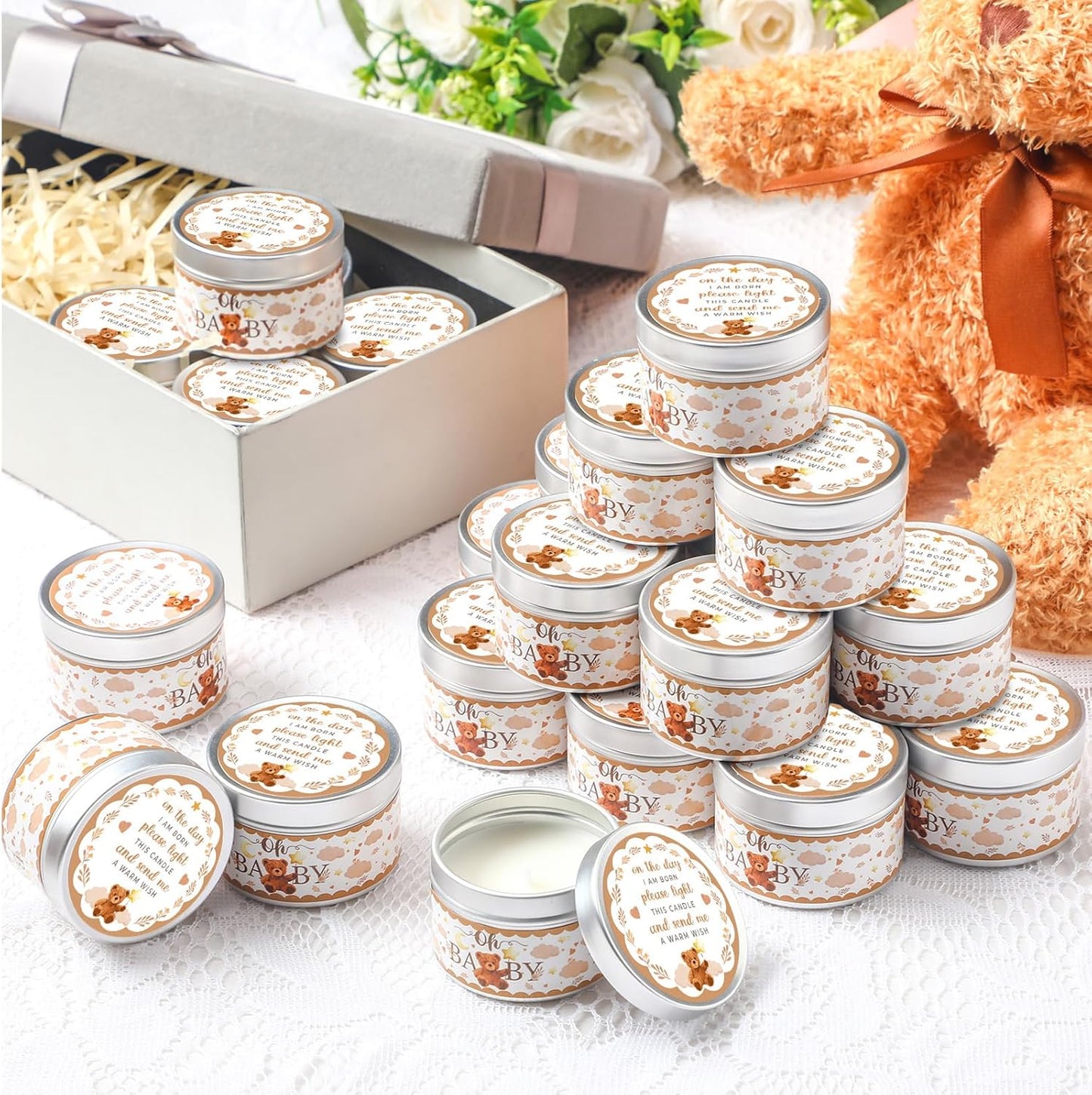 MTLEE 24 Pcs Bear Baby Shower Party Favors Candles Lavender Scented Baby Shower Favors for Guests Rustic Tealights Candles Gender Reveal Return Gifts Girl Boy(1.2 Oz, Brown)