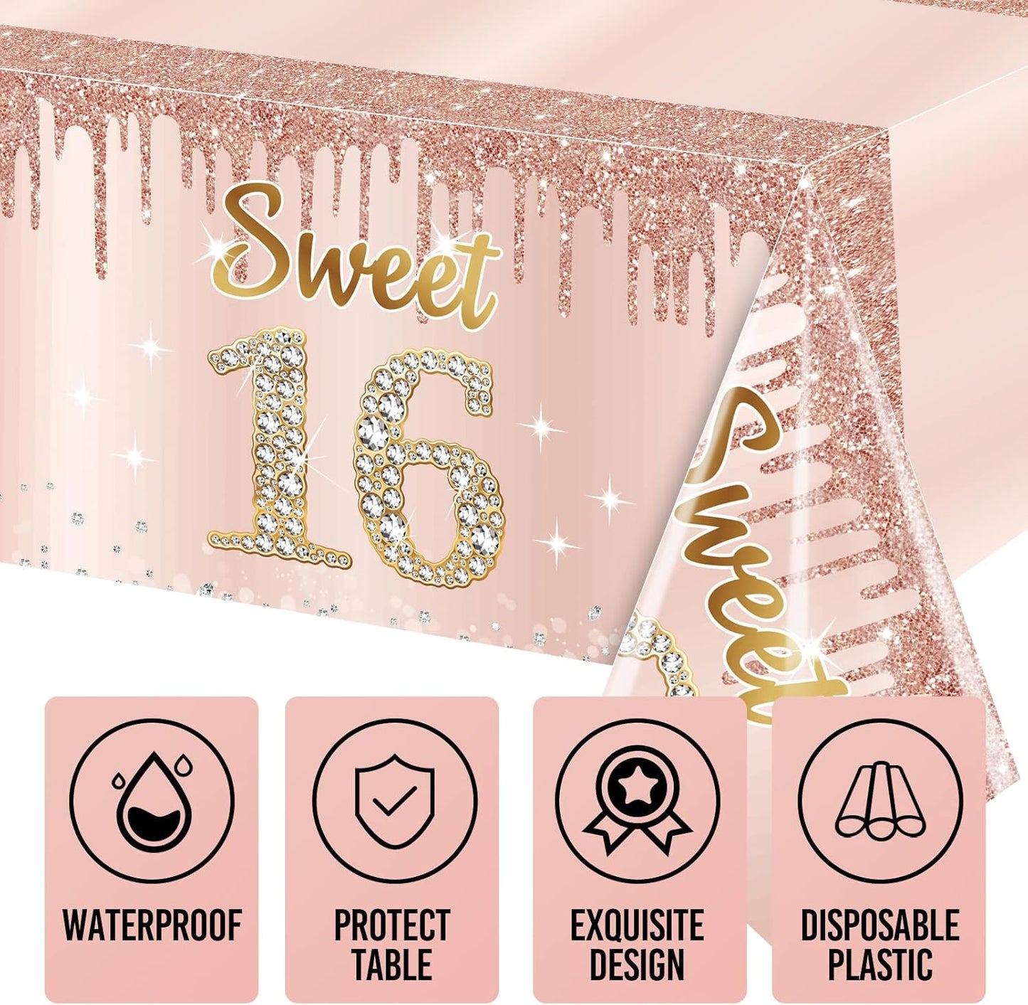 Sweet 16 Pink Rose Gold Birthday Tablecloth Decorations - 3 Pack, Sixteen Year Plastic Disposable Rectangular Table Cloth Decor