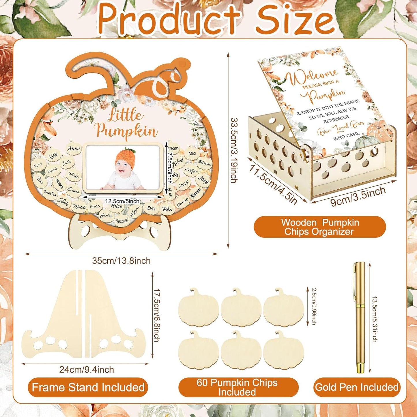 Wenqik 63 Pcs Little Pumpkin Baby Shower Guest Book Alternatives Set Baby Shower Decorations with Photo Frame Sonogram Frame Keepsake 60 Wood Slices Guest Book for Birthday