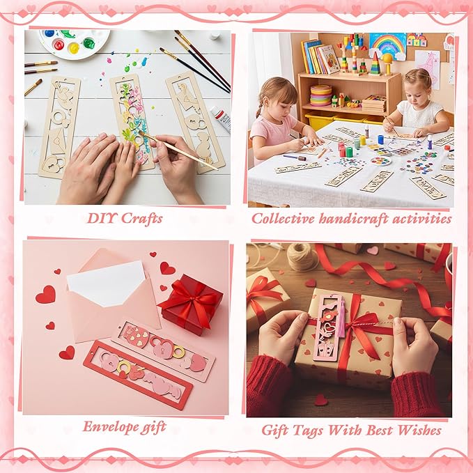 Yexiya 100 Pcs/50 Set Valentine's Day Wooden Bookmarks DIY Craft Kit, Love Heart Bookmark Art Set for Classroom, Book Lovers, Birthday Holiday Gifts