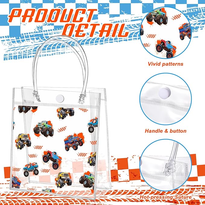 Tioncy 24pcs Truck Party Favor Bags Truck Gift Goodie Bags Car PVC Candy Treat Tote Clear Gift Bag with Handles for Kids Game Construction Racing Theme Birthday Party Supplies
