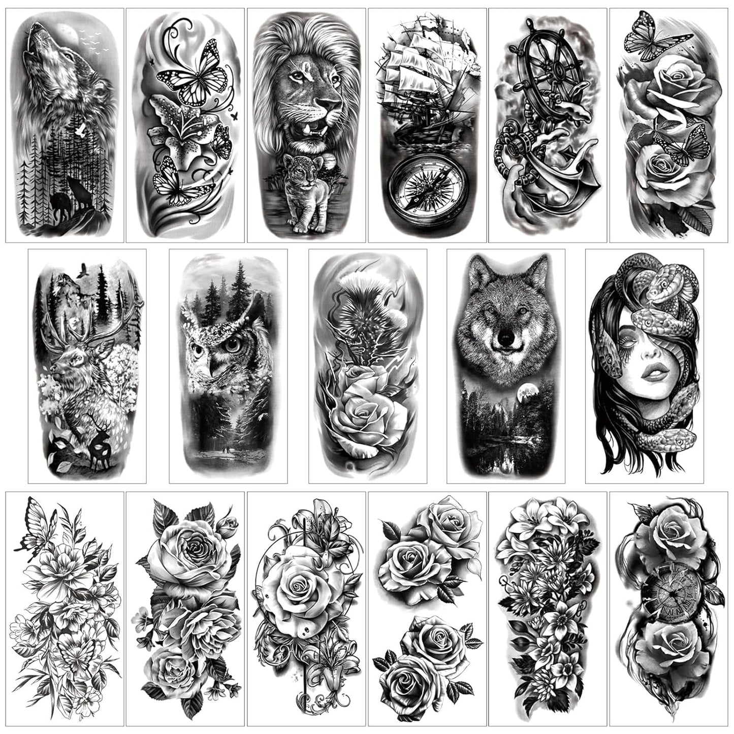Yazhiji 77sheets Waterproof Temporary Tattoo for Girls or Boys Kids 17sheets Larger Half Arm Lion Wolf Owl Elk Snake Butterfly Rose Fake Tattoos for Men or Women And 60 sheets Tiny Tattoo Sticker
