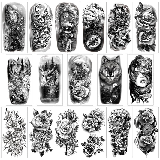 Yazhiji 77sheets Waterproof Temporary Tattoo for Girls or Boys Kids 17sheets Larger Half Arm Lion Wolf Owl Elk Snake Butterfly Rose Fake Tattoos for Men or Women And 60 sheets Tiny Tattoo Sticker