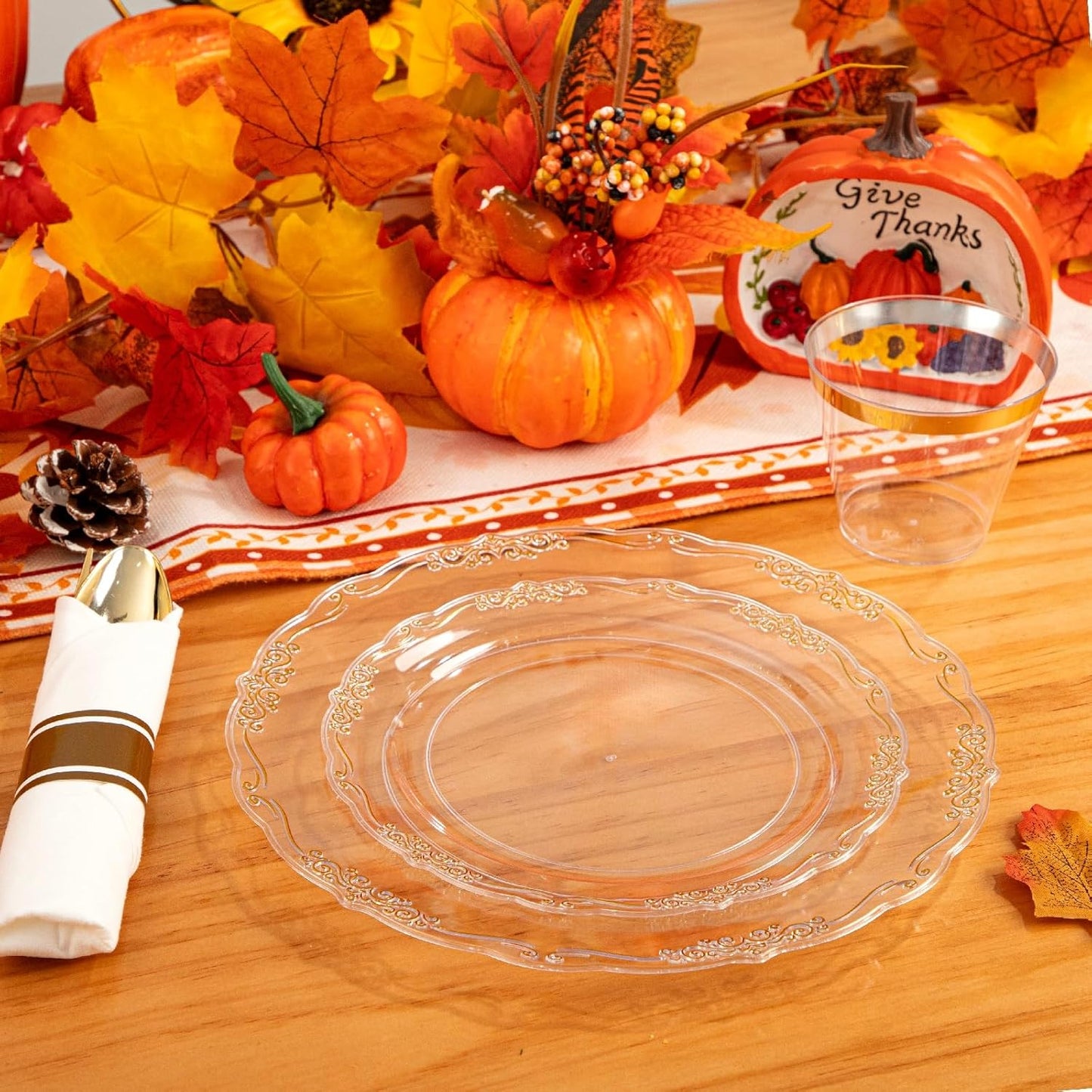 U-QE 100PCS Clear Gold Plastic Plates - Disposable Heavy Duty Clear Plates with Gold Rim Including 50PCS 10'' & 50PCS 7.5'' Perfect for Party, Weddings