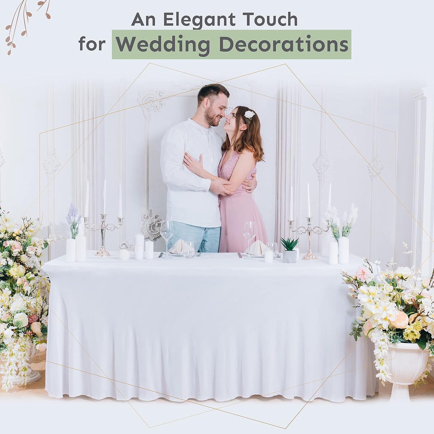 2 Pack Table Skirt for Rectangular Tables 8ft - Wedding Spandex Tables Covers for Standard 8 Foot Table - One Piece Fitted Elastic Tablecloth - Great for Party, Event,Trade Show (Pack of 2, White 8ft)