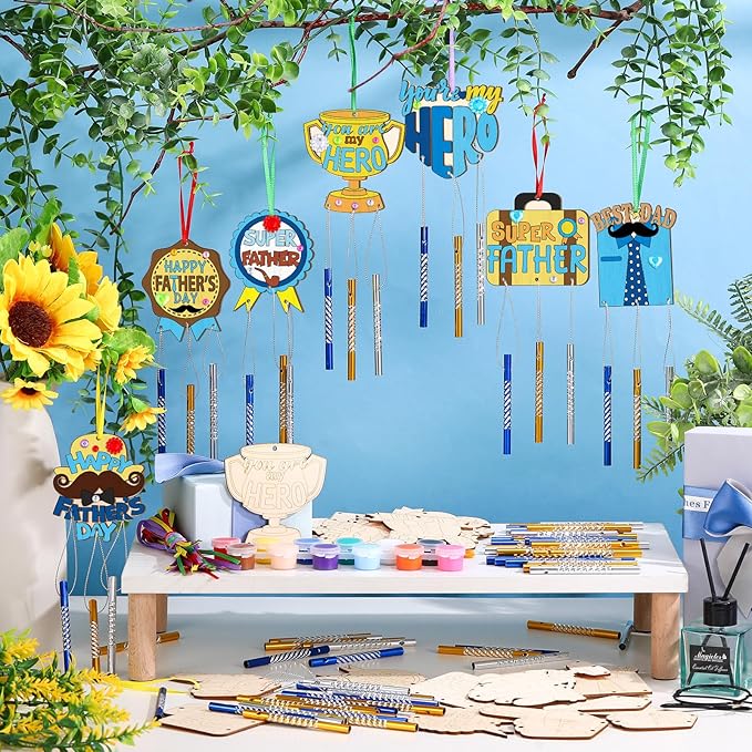 DoubleFill 30 Pack Father’s Day Wind Chime Craft Kit, DIY Paintable Wooden Wind Chimes with Tubes, Make Your Own Hanging Art Ornaments for Dad Birthday Gifts Party Decorations