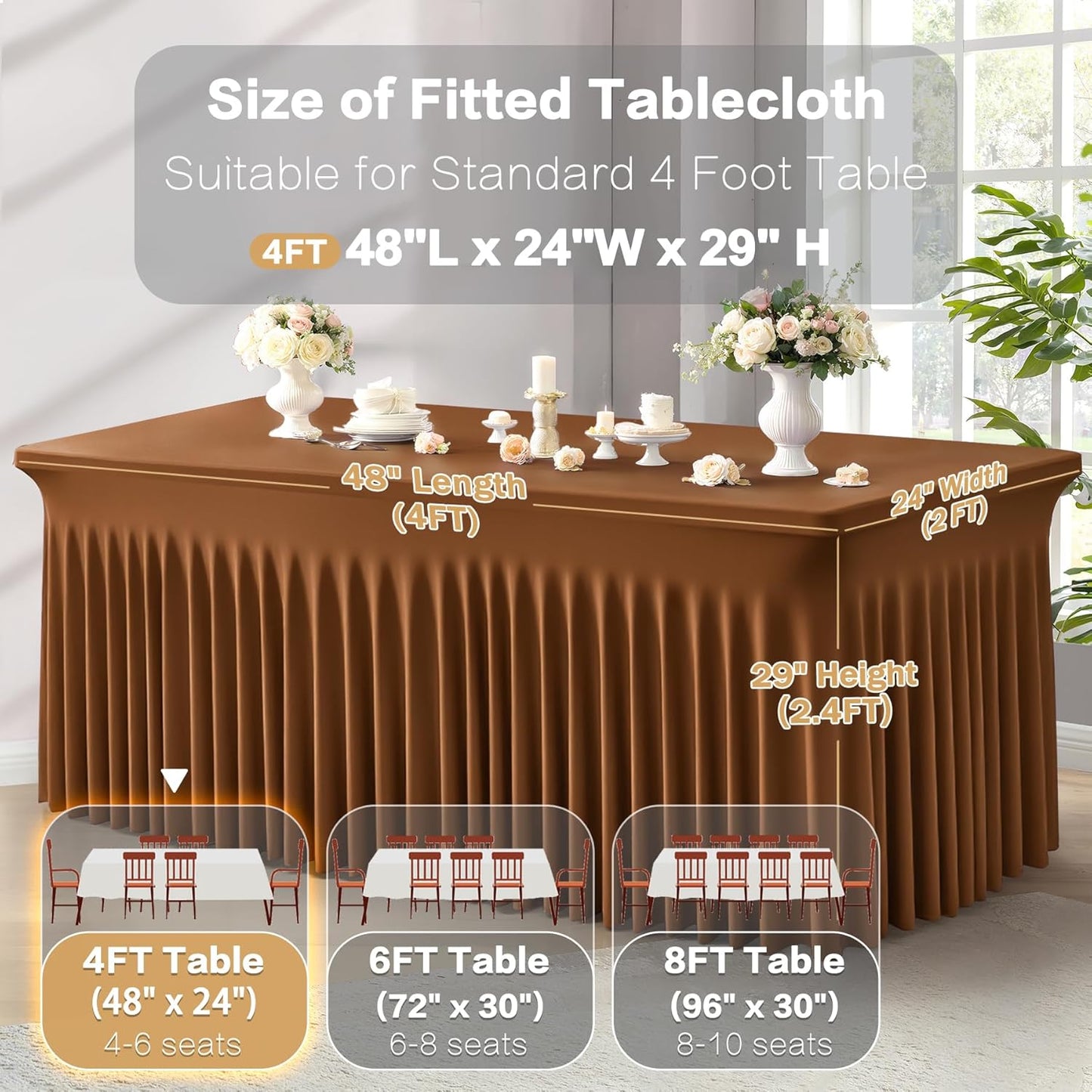 2 Packs Brown Spandex Tableclothes for 4 Foot Rectangle Table, Spandex Table Covers 4FT Stretch Table Skirts Rectangle Wrinkle Free Fitted Tablecover for Event, Wedding, Banquet & Parties