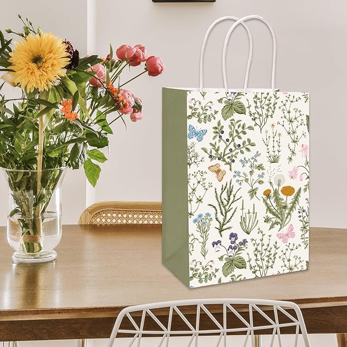 24Pcs Vintage Wildflowers Paper Gift Bags Green Wild Floral Party Favor Bags with Handles Decorative Goodie Candy Treat Bags for Spring Party Supplies