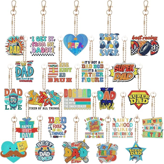 Huquary 24 Sets Father's Day Diamond Art Keychains Kits 5D Dad Diamond Art Keyrings Charm Pendants for Adults Dad DIY Craft Gifts for Father's Day Daddy Birthday Party Favors Bags Decor
