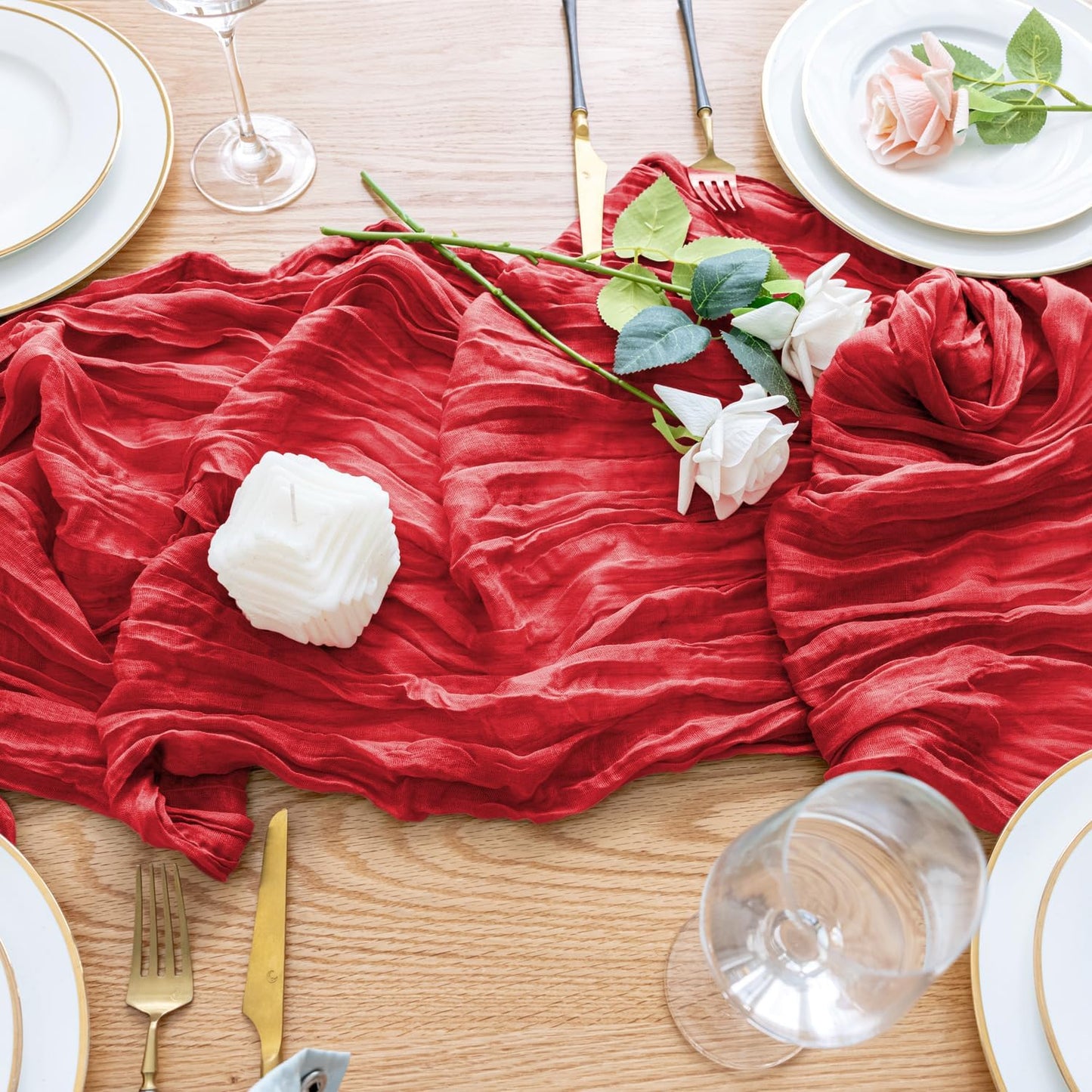 Wokceer Cheesecloth Table Runner 2Pack 10FT Red Boho Gauze Easter Christmas Cheese Cloth Table Runner for Party Thanksgiving Long Rustic Sheer Table Runners for Baby Bridal Shower Wedding Table