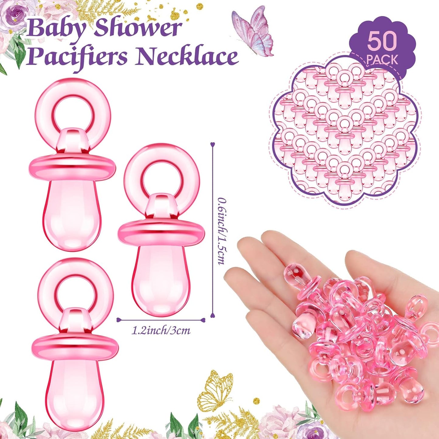 Thyle 51 Pcs Pacifier Hunt Baby Shower Games Include Hunt Sign and 50 Acrylic Pacifiers for Baby Shower Game Decoration Gift Sets Gender Reveal Party Decor(Butterfly)