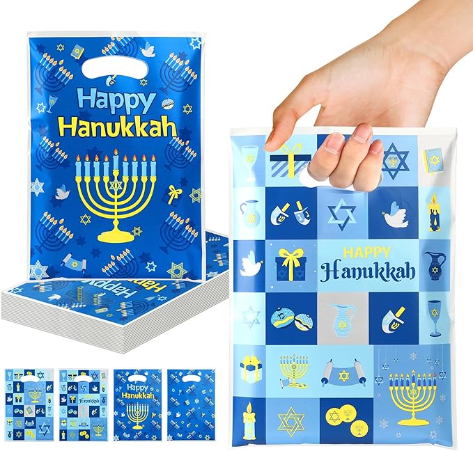 vueuKiGE Hanukkah Gift Bags, 50 PCS Hanukkah Treat Bags with Handles, 7x9.8 Inch Plastic Chanukah Gift Goodie Candy Cookie Bag Jewish Themed Party Favor Bag for Hanukkahs Party Decorations Supplies