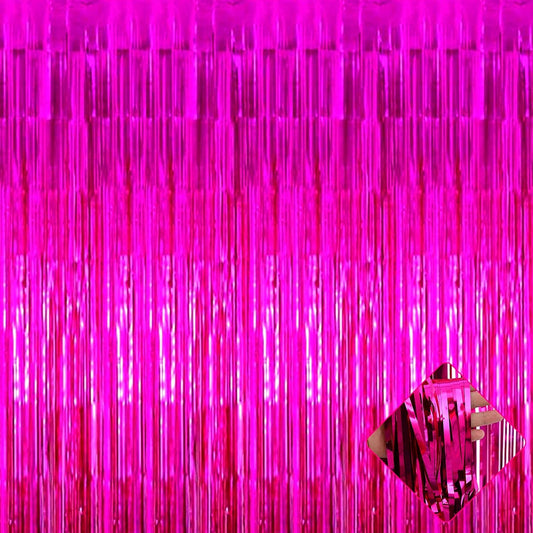 4 Pack 3.3Ft x 6.6Ft Fuchsia Foil Fringe Curtain Backdrop, Metallic Tinsel Foil Fringe Streamers Curtains Background for Photo Booth, Birthday, Wedding, Halloween, Christmas Party Decoration