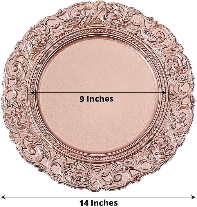 Efavormart Set of 6 ROSE GOLD 14" Round Plastic Charger Plates With Engraved Baroque Design Rim For Wedding Party Events