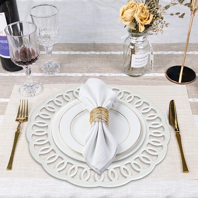 MAONAME 13" White Charger Plates, Plastic Plate Charger with Circle Winding Rim, Round Chargers for Dinner Plates, Mirror Chargers for Table Setting, Wedding, Set of 6