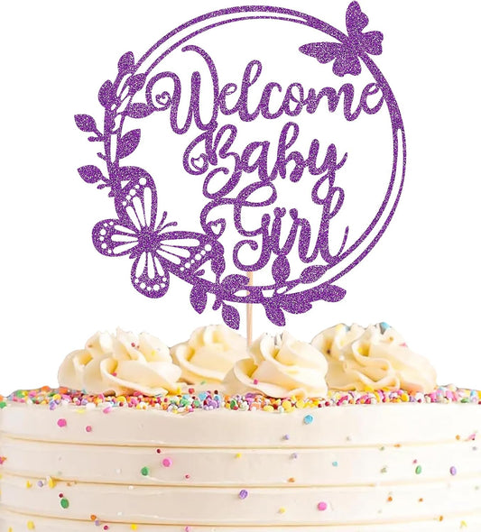 Welcome Baby Girl Cake Topper - Deep Purple Glitter Baby Shower Cake Decorations, Baby Girl Cake Decor, for Baby Shower/Birthday Party/Gender Reveal Party Photo Booth Props