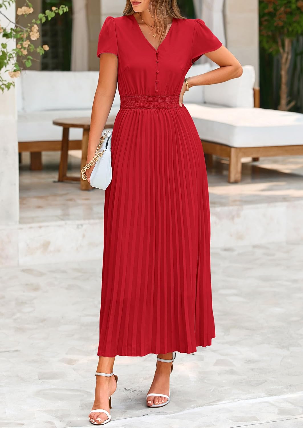 PRETTYGARDEN Women's Maxi Dresses 2025 Summer Trendy Cap Short Sleeve Button V Neck Casual Flowy Pleated Long Dress