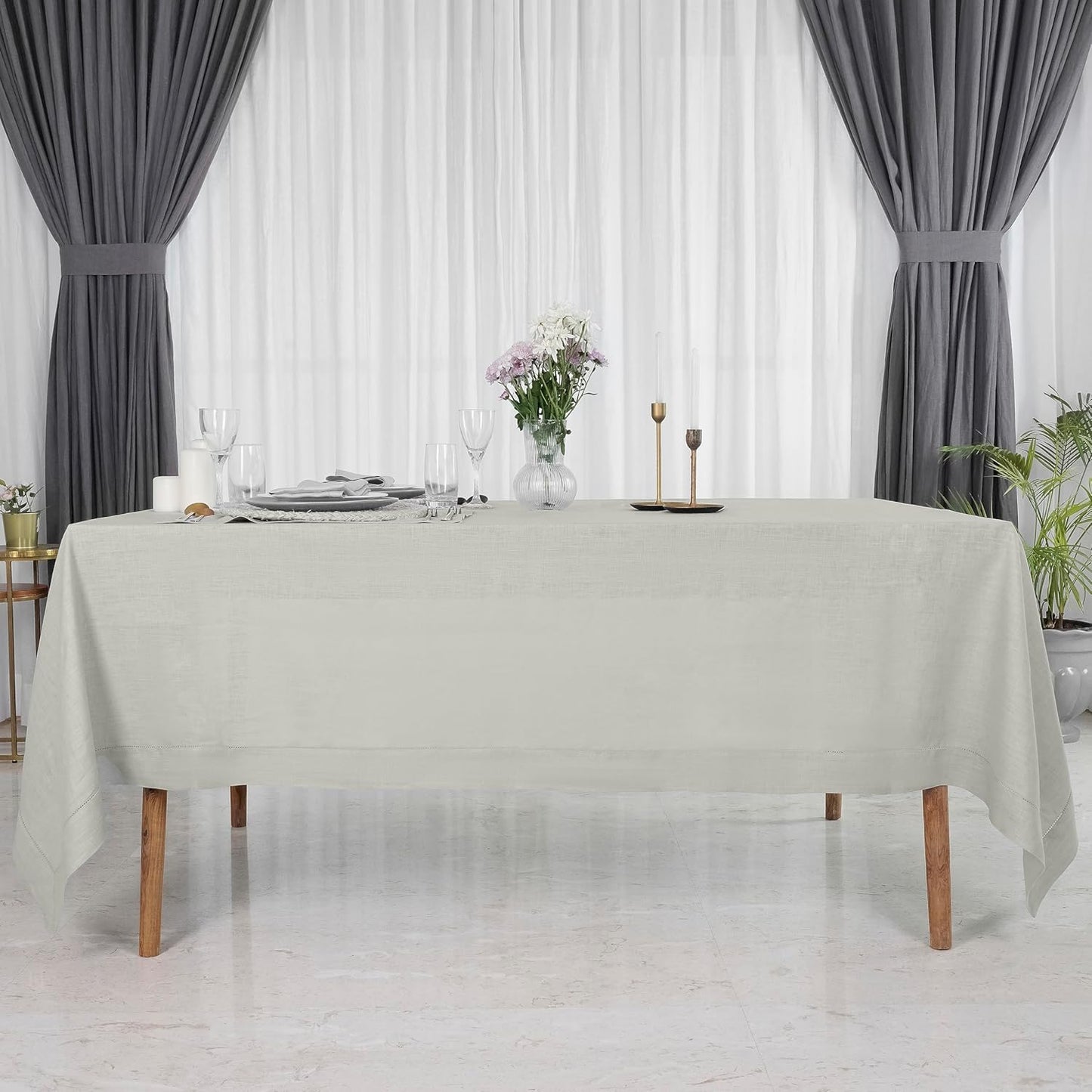 D'Moksha Homes Silver Grey Linen Tablecloth for Rectangle Tables 60 x 90 Inch - 100% Pure Linen Grey Table Cloth - Classic Hemstitch, Machine Washable Tablecloth for Fall, Autumn and Halloween