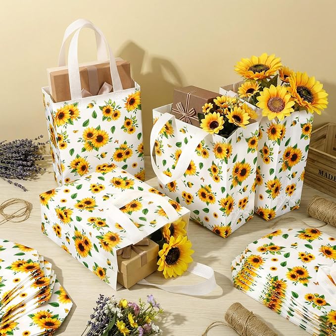 Supervitae 24 Pack Sunflower Theme Gift Bags Medium Goodie Floral Party Favor Bags Reusable Non Woven Totes for Birthday Wedding Baby Shower Party Family Holiday Travel(9.8" x 7.9" x 3.9")