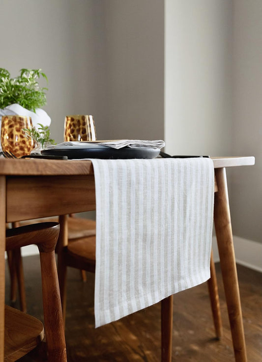 Solino Home Linen Table Runner 90 Inches Long - Amalfi Stripe, 100% Pure Linen Natural and White Table Runner 14 x 90 Inch for Dining, Fall, Autumn, Thanksgiving, Christmas