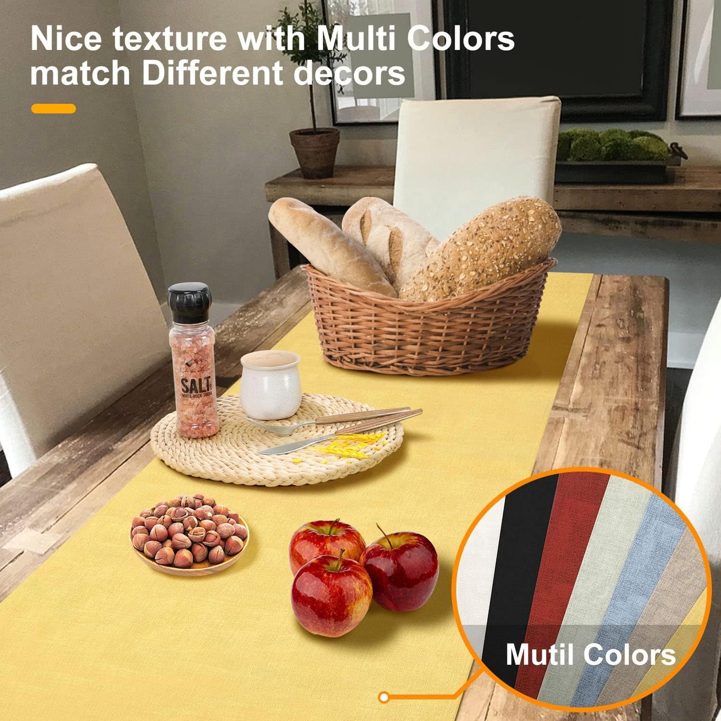 Waterproof Wipeable Table Runner, Thick Farmhouse Table Runner, Dresser Runner, Rustic Table Runner for Kitchen Dining Room, Bedroom, Living Room, Indoor and Outdoor (48'', Mustard Yellow)