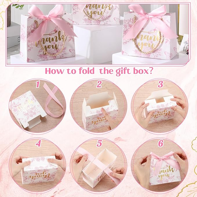 Kolldenn 40 Pcs Small Thank You Floral Gift Bags 5.5''x 2.4''x 4.7'' Pink White Paper Party Favor Bag with Handle Chinoiserie Floral Bag Bulk with Ribbon for Wedding Birthday Bridal Baby Shower