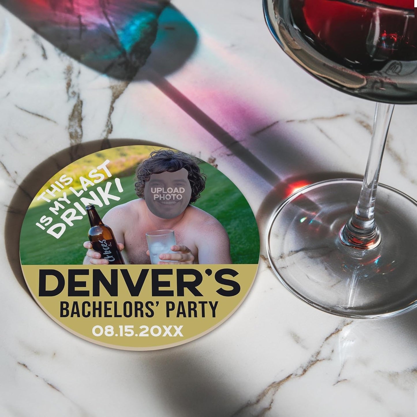 60 Pack Personalized Bachelor Party Coasters, Custom Cardboard Drink Coasters with Photo Print and Text, Fun Bachelor Party Favors and Gifts, 3.95" Round, Design 5