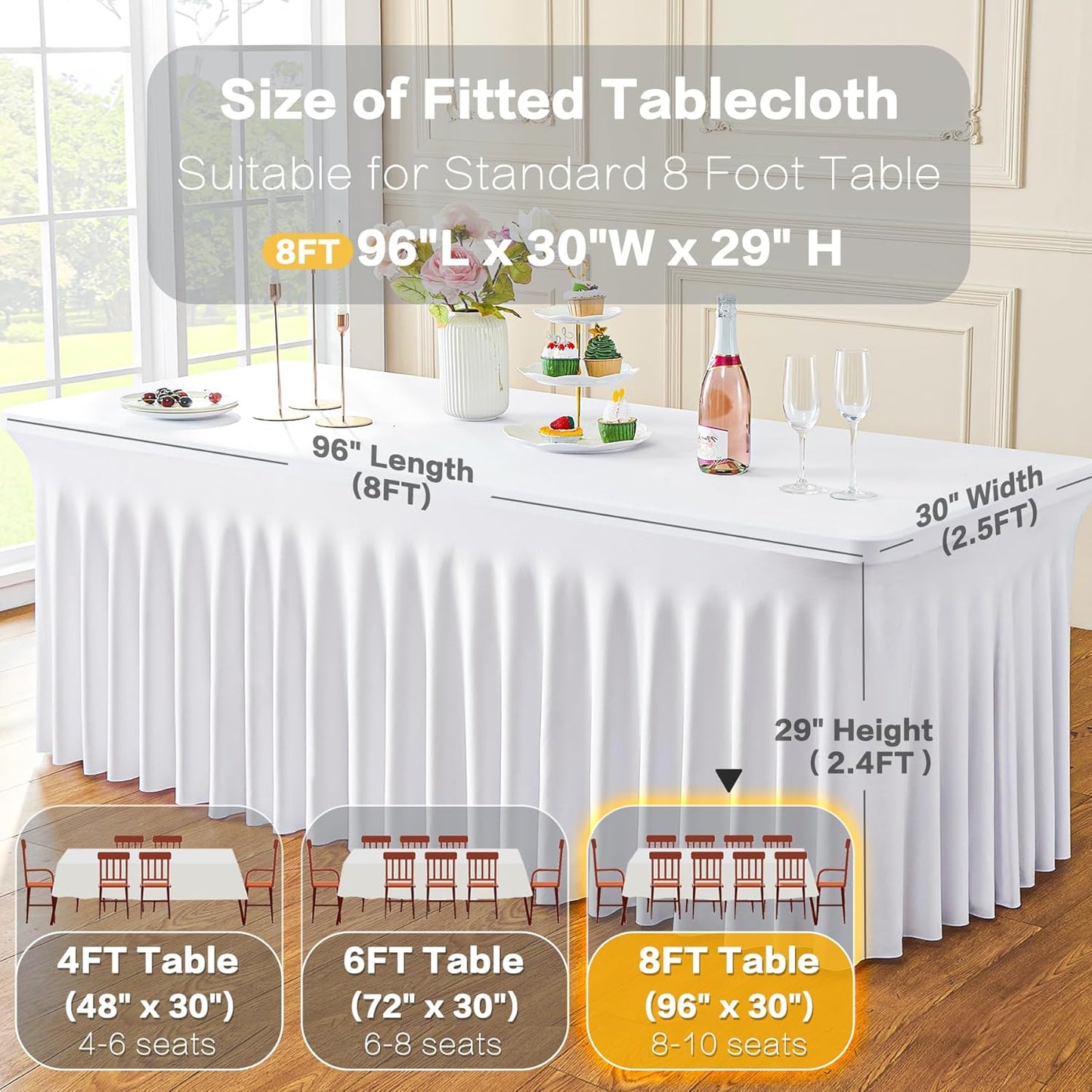 2 Pack White Spandex Tablecloths for 8 Foot Rectangle Tables, Wrinkle Free Stretchy Table Cloth 8ft Fitted Table Cover Desk Skirt for Parties Weddings Birthday Banquet Baby Shower