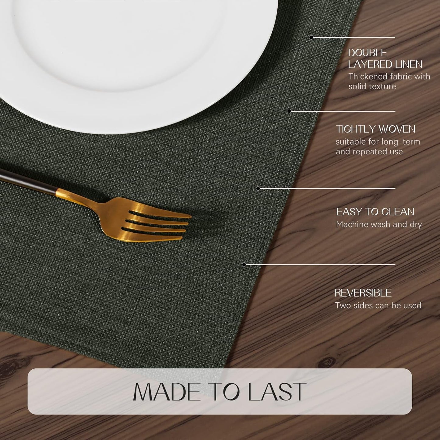 Romanstile Cloth Placemats Set of 8-12 x 18 Inch, Heat Resistant Double Layered Thickened Burlap Place Mats, Washable Faux Linen Farmhouse Table Mats for Kitchen/Dining/Party/Outdoor, Dark Grey