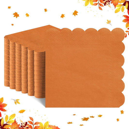 120 Pcs Orange Napkins,Scalloped Thanksgiving Fall Napkins Disposable Orange Dessert Beverage Napkin Burnt Cocktail Napkin for Fall, Thanksgiving，Birthday, 5 x 5 Inch