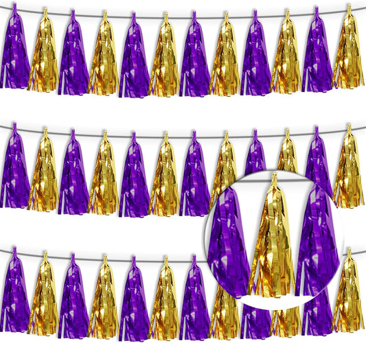 3P Purple Gold Tassel Banner Garland Foil Fringe Tinsel Streamer Banner Backdrop for Parade Floats, Wall Hanging Curtain Parade Floats, Graduation Decorations, Wedding Party Decoration