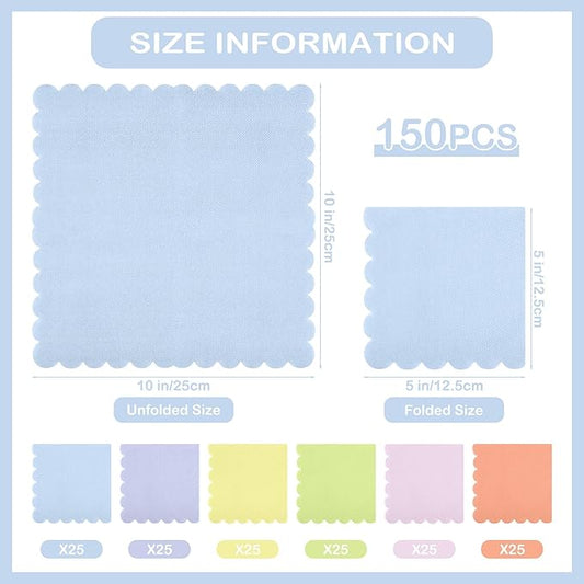 durony 150 Pack Scalloped Napkins 5 x 5 Inch Disposable Paper Napkins Gradient Color Napkins with Scalloped Edges for Dinner Wedding Birthday Party Supplies, Pastel Rainbow