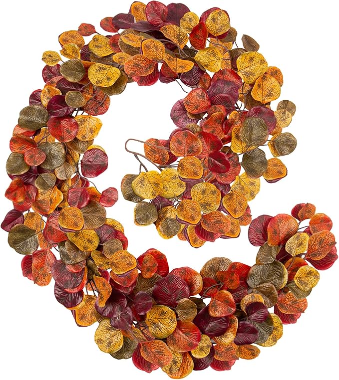 2 Pack Fall Garlands Artificial Eucalyptus Garland Plant, 6ft Faux Vine Hanging Silk Eucalyptus Leaves Fall Foliage Autumn Garland Decoration for Home Mantle Fireplace Wedding Thanksgiving Party Decor