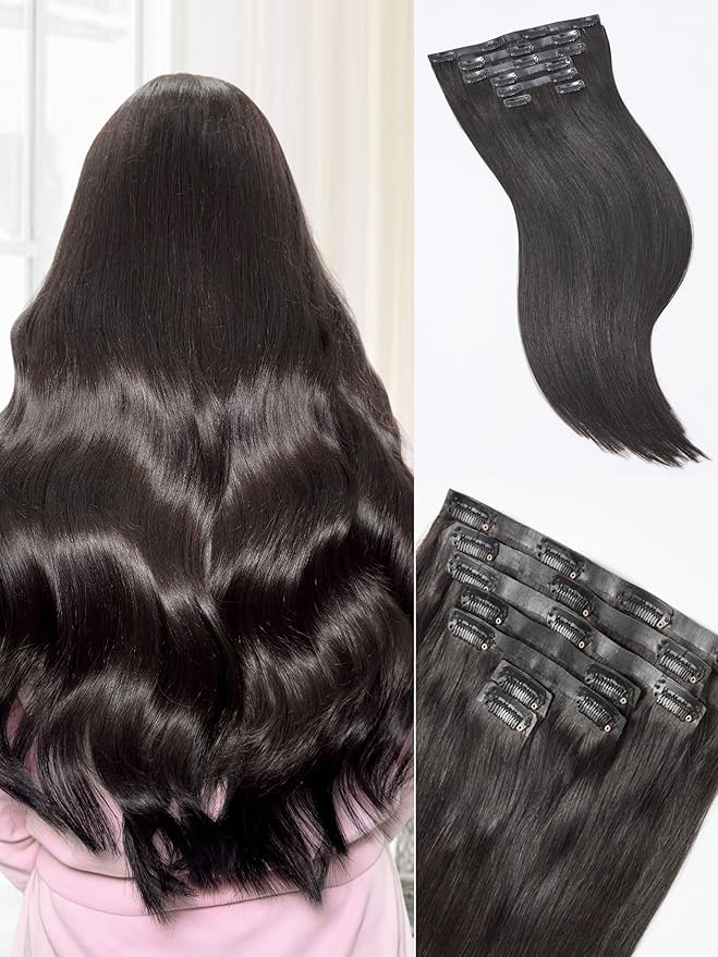 LUVME Straight Seamless 110g 7Pcs Clip in Hair Extensions Full Max with 16inch Remy Human Hair Extensions, Natural Black 100% Real Soft Human Hair