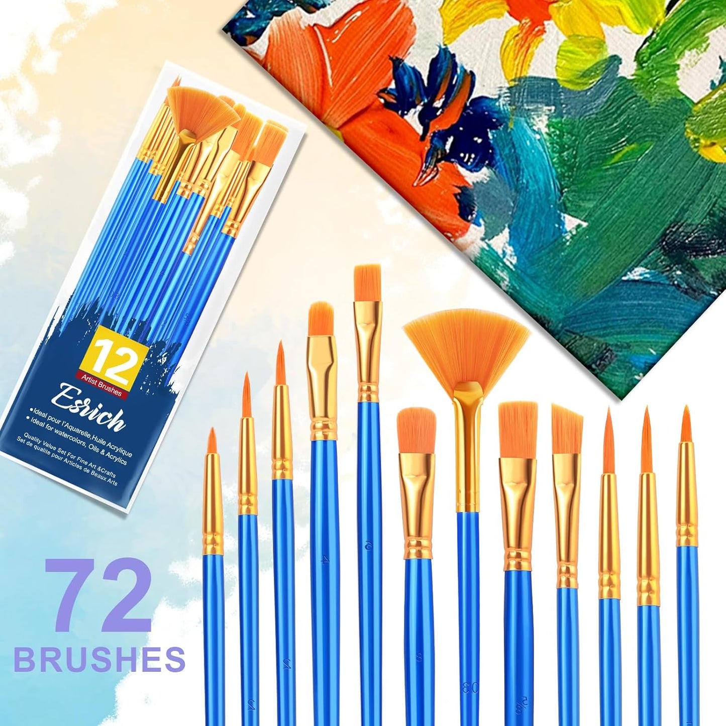 ESRICH Paint Brushes Set,6pack 72pcs Nylon Hair Round-Pointed Tip Acrylic Paint Brushes for Watercolor Oil Rock Face Painting,12 Sizes Paint Brush for All Purposes Kids Adult Arts Painting Brush Kits