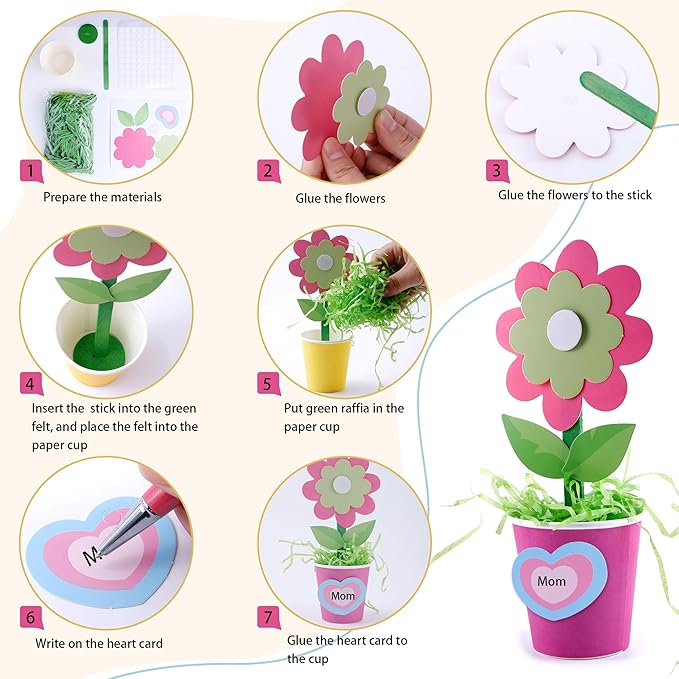 FULAIERGD 30 Packs Mother's Day Flower Paper Pot Craft Kits Make Your Standing Spring Flower Craft Kits Paper Cup Arts Crafts Decorations for Mom Fun DIY Decor Home Art Activities