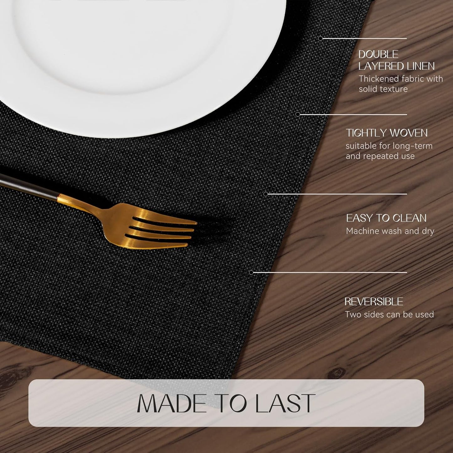 Romanstile Cloth Placemats Set of 6-12 x 18 Inch, Heat Resistant Double Layered Thickened Burlap Place Mats, Washable Faux Linen Farmhouse Table Mats for Kitchen/Dining/Party/Outdoor, Black