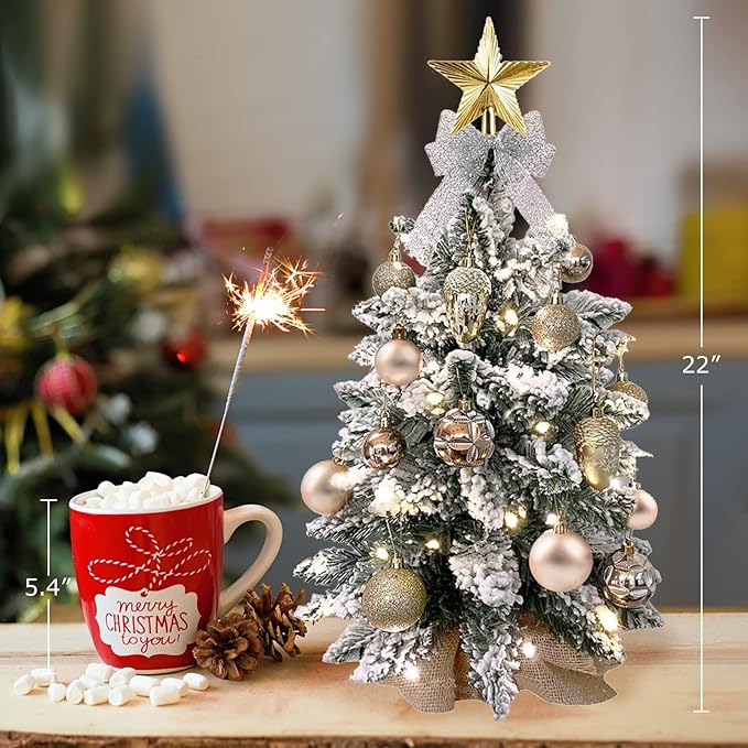 Small Christmas Tree with Light for Table Top, Mini Tabletop Christmas Tree with Decoration, 2FT Pre-lit Artificial Flocked Christmas Tree for Home, Office, Desk, Gold