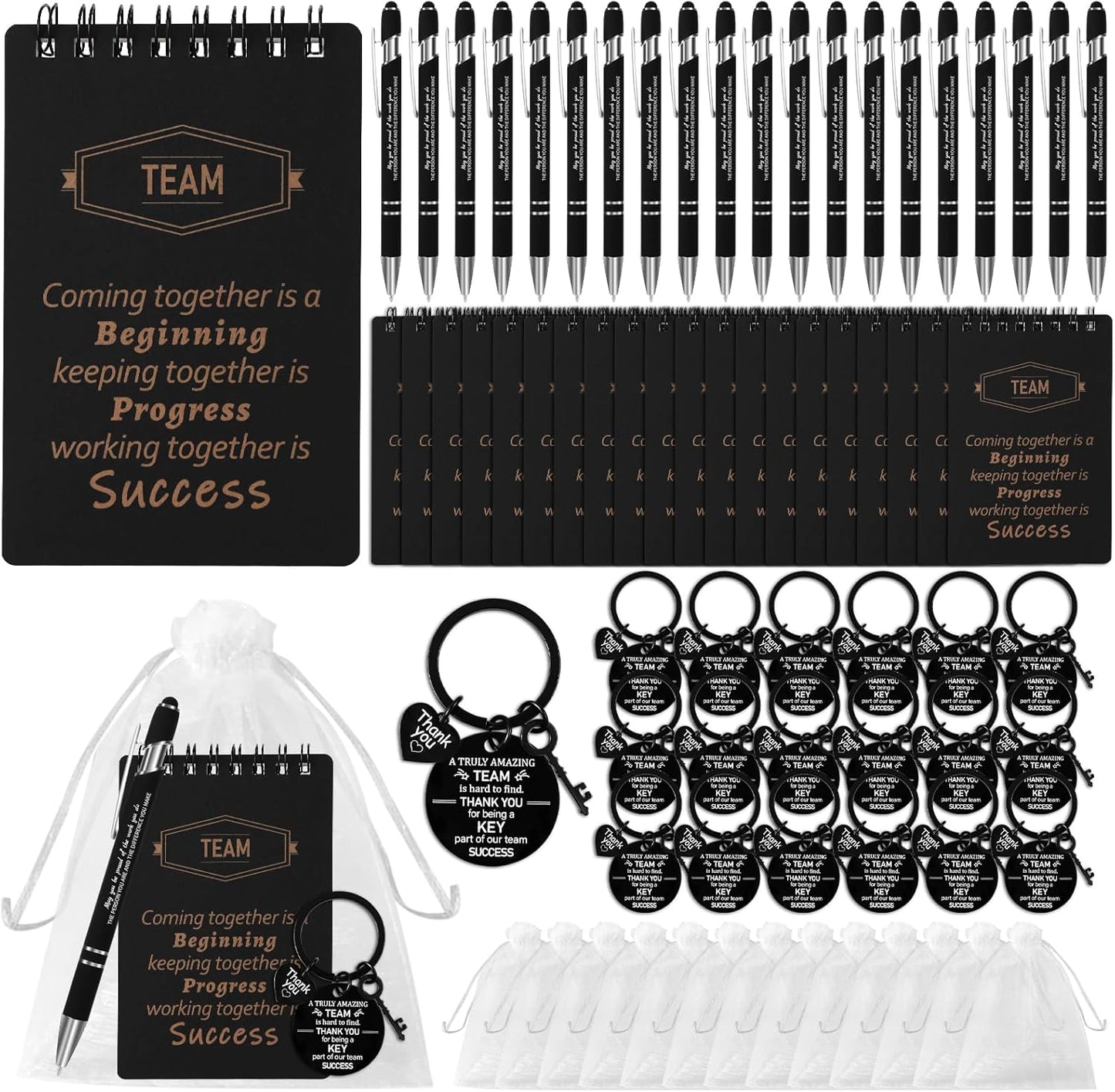 CZWZ 80 Pcs Employee Appreciation Gifts Set, Includes Notepads Pens Thank You Keychains and Organza Bags, Team Recognition Gifts for Coworkers Staff Employees Retirement Birthday Christmas(Black)