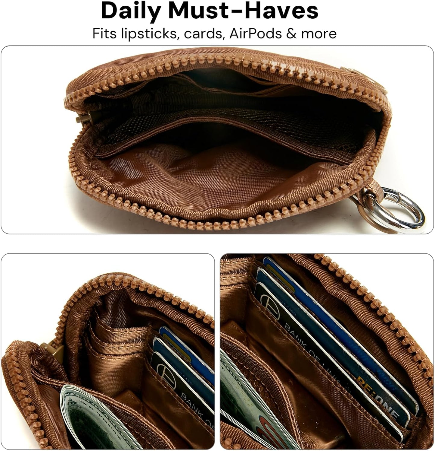Keychain Wallet Mini Zip Around Wristlet Wallets for Women Detachable Wristlet Portable Coin Purse Small Wallets Brown