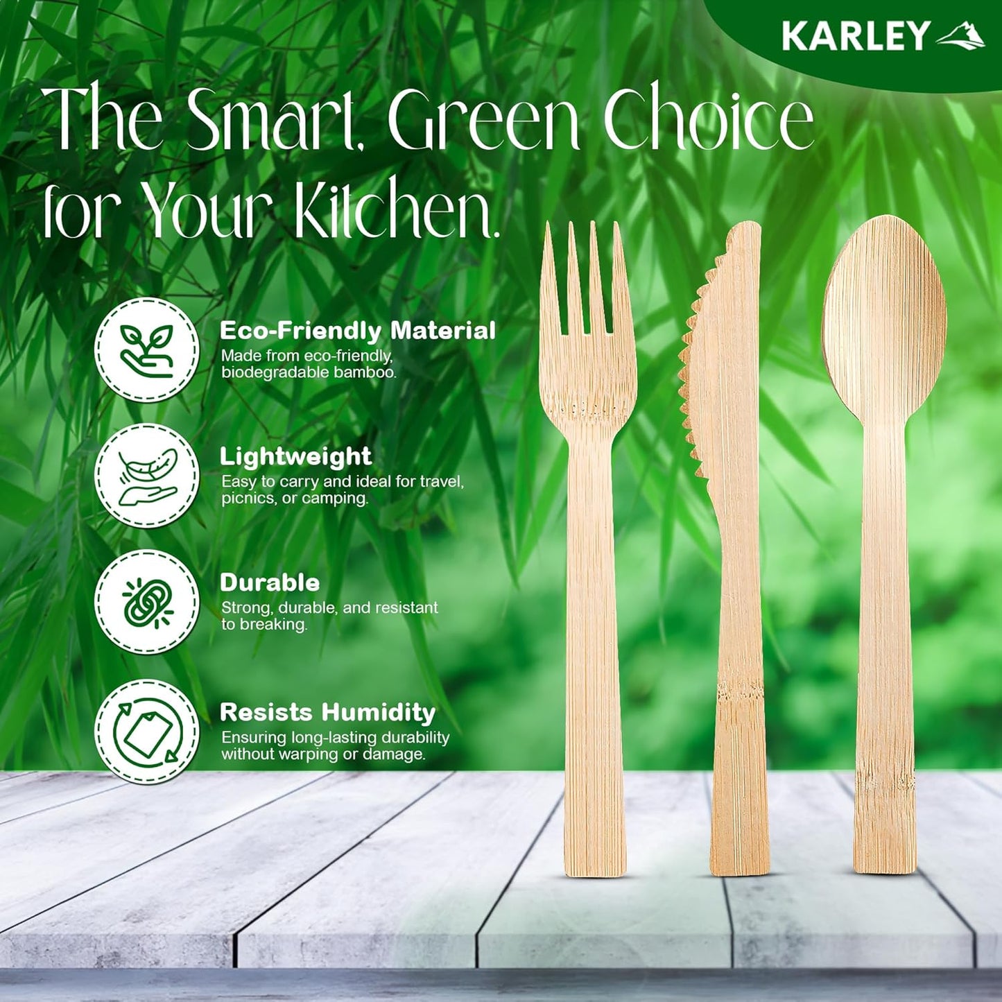 Karley Bamboo Utensils 150Pcs Set – Compostable Cutlery Set for Picnic, Parties – Heavy Duty Disposable Silverware Includes Wooden Spoons for Eating, Forks, Knives – Zero Plastic Disposable Cutlery