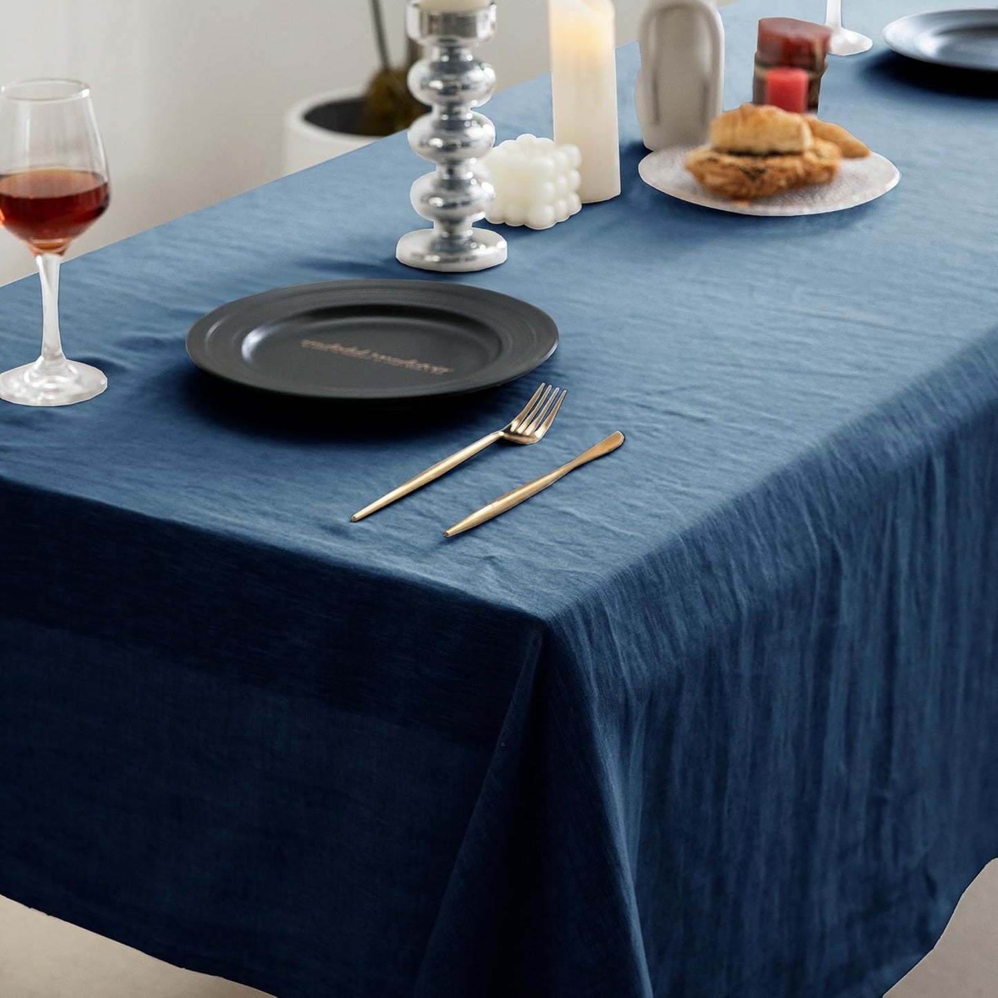 EVERLY 100% Pure Linen Rectangle Tablecloths 60x120Inches for Dining,Buffet Parties,Picnic,Events,Weddings and Restaurants,Decorative Halloween,Thanksgiving Machine Washable Tablecloths-Navy Blue