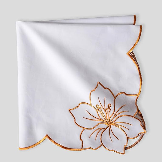 FINGERCRAFT Cloth Napkins, Everyday Use Scallop Floral Embroidery Design, Premium Quality Natural Cotton Napkin Set of 6 Perfect for Parties Dinners Weddings Easter Napkin Cloth 20x20 in White Orange