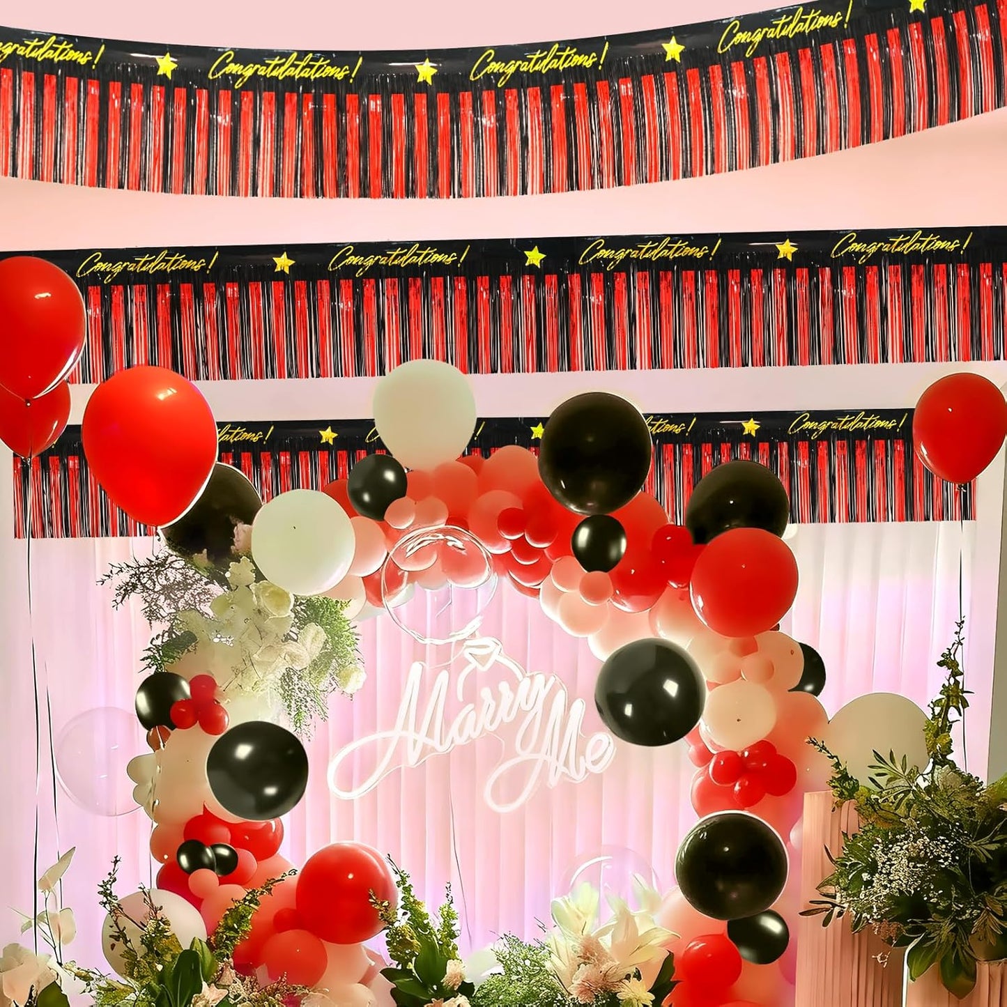 Mega-L Congratulations Banners Party Decorations, Black Red Casino Poker Night Foil Fringe Garland, 2Pack 39 Ft Tinsel Streamers Photo Booth Props Flag Parade Float Car Birthday New Years 2026 Decor