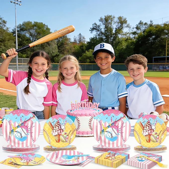 96PCS Ice Cream Drip Baseball Paper Plates and Napkins Sport Theme Birthday Camping Party Supplies Baseball Ice Cream Plates Sport Tableware Set for 24 Guests Birthday Gatherings Decoration