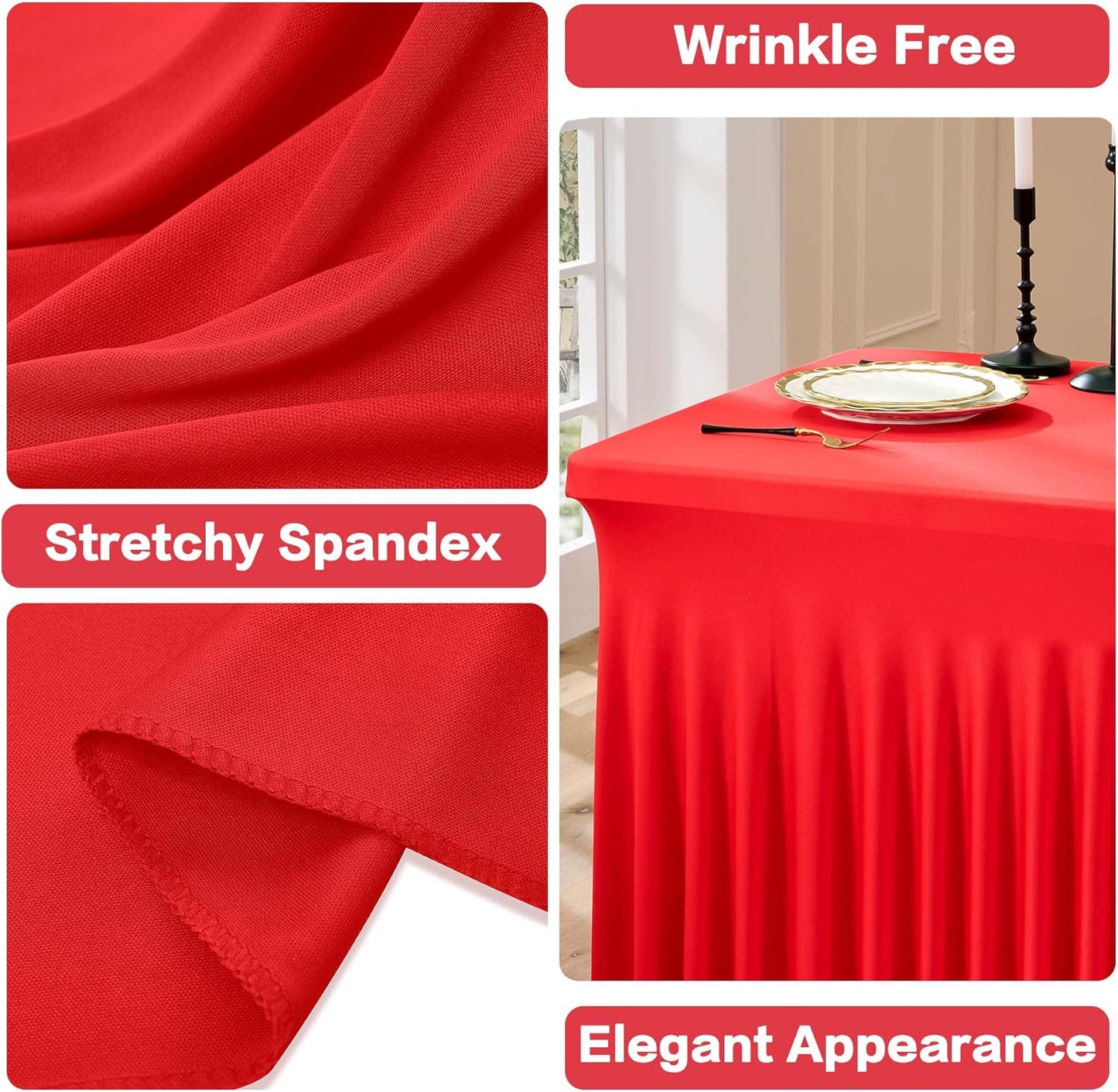 2 Pack Red Spandex Tablecloths for 6 Foot Rectangle Tables, Wrinkle Free 6ft Fitted Table Cloth Stretchy Table Clothes with Skirt for Parties Weddings Birthday Banquet Baby Shower