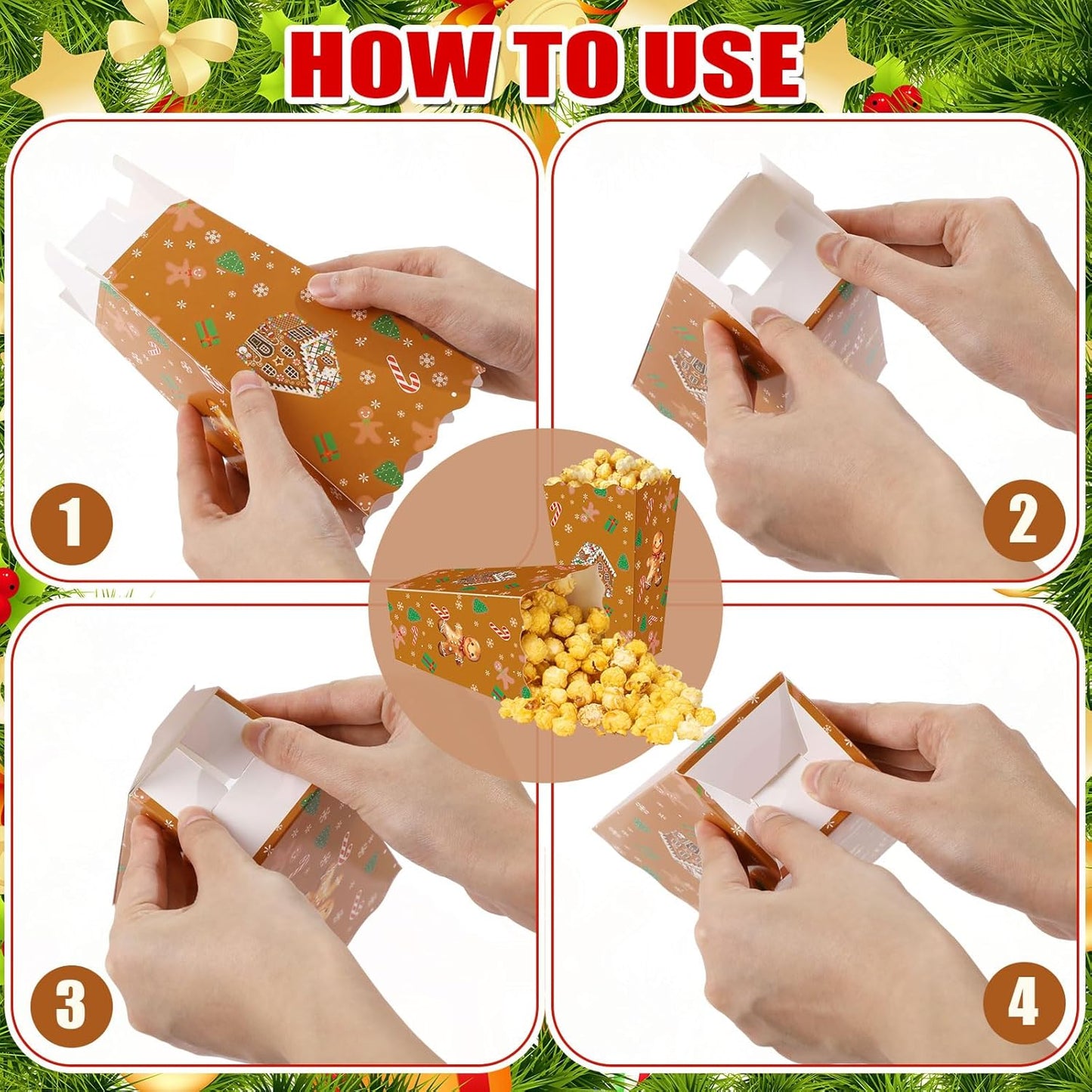 Faccito 50 Pcs Christmas Popcorn Boxes Brown Gingerbread Popcorn Boxes Christmas Paper Snow House Buckets Snack Containers Holiday Case for Xmas Party Gingerbread House Party Favors Supplies