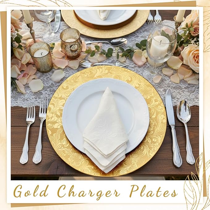 30 Pcs Gold Charger Plates Bulk 13 Inch Embossed Rim Plastic Round Decorative Vintage Plates Charger for Dinner Wedding Party Event Table Setting Decoration (Floral)