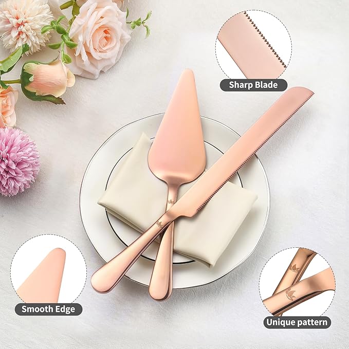 SANEXC Cake Cutting Set for Wedding - Extended Cake Knife And Server Set Thickened Stainless Steel Cake Cutter and Pie Spatula Great for Birthday Anniversary Christmas Gift Rose Gold 2 Pcs